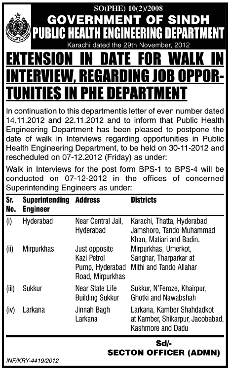 Walk in Interview Call PHE - Public Health Engineering Department, Sindh Jobs 2012