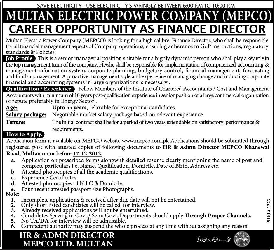 MEPCO Job 2012 for Finance Director