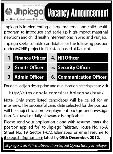 Jhpiego Pakistan Jobs (INGO) for MCHIP Project