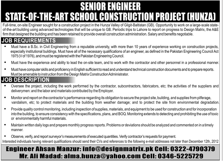 Design Matrix Requires Senior Engineer for a School Construction Project