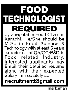 Food Technologist Job in a Food Chain