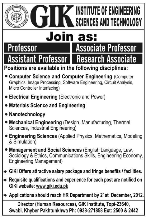 GIKI Jobs 2012 December for Professors & Research Associates in Faculty