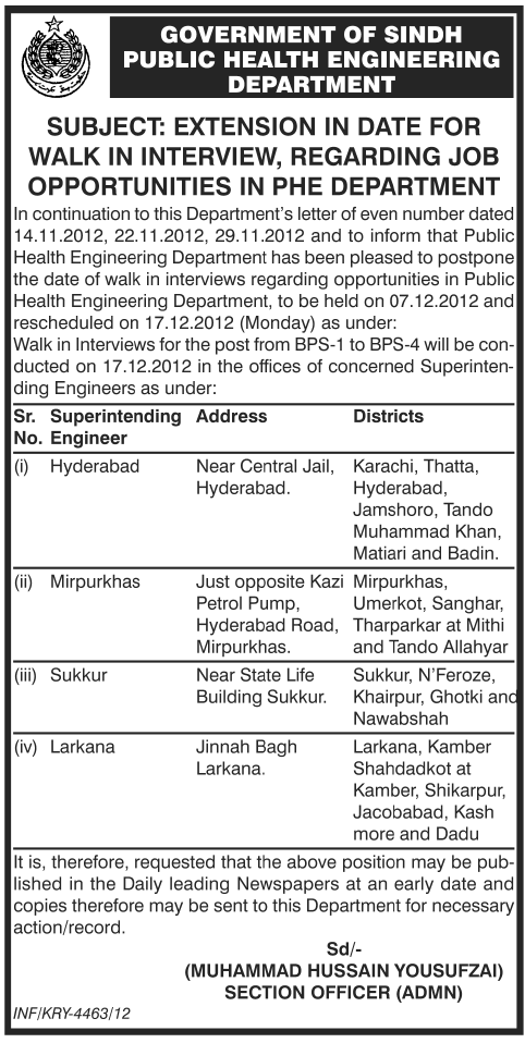Public Health Engineering Department Sindh Karachi Jobs - Extension in Date for Walk In Interview