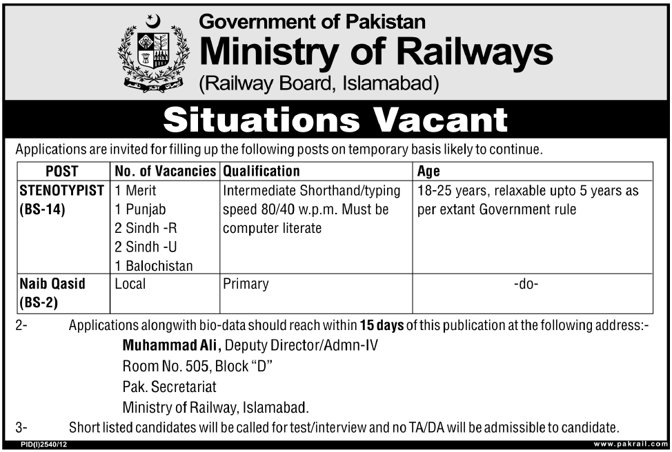 Railway Board Islamabad Ministry of Railways Requires Stenotypist & Naib Qasid 2012