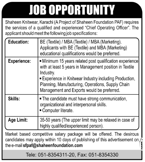 Shaheen Knitwear Karachi Requires Chief Operating Officer (COO)