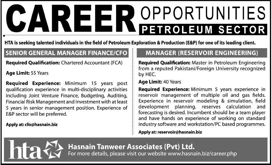 General Manager Finance / CFO & Manager Reservoir Engineering Jobs in Petroleum Sector through Hasnain Tanweer Associates (HTA)
