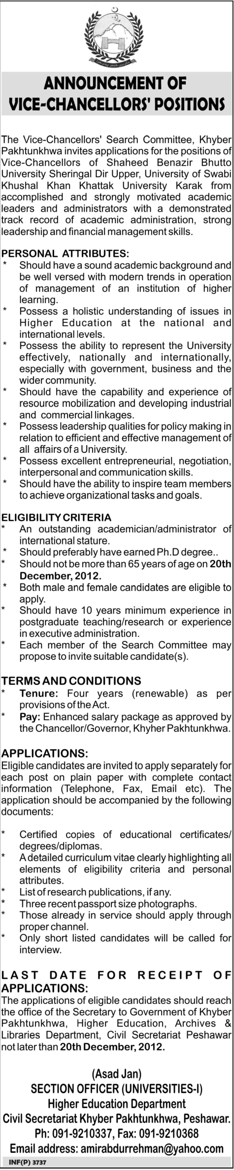 Vice-Chancellors Required for the Universities of Khyber Pakhtunkhwa 2012