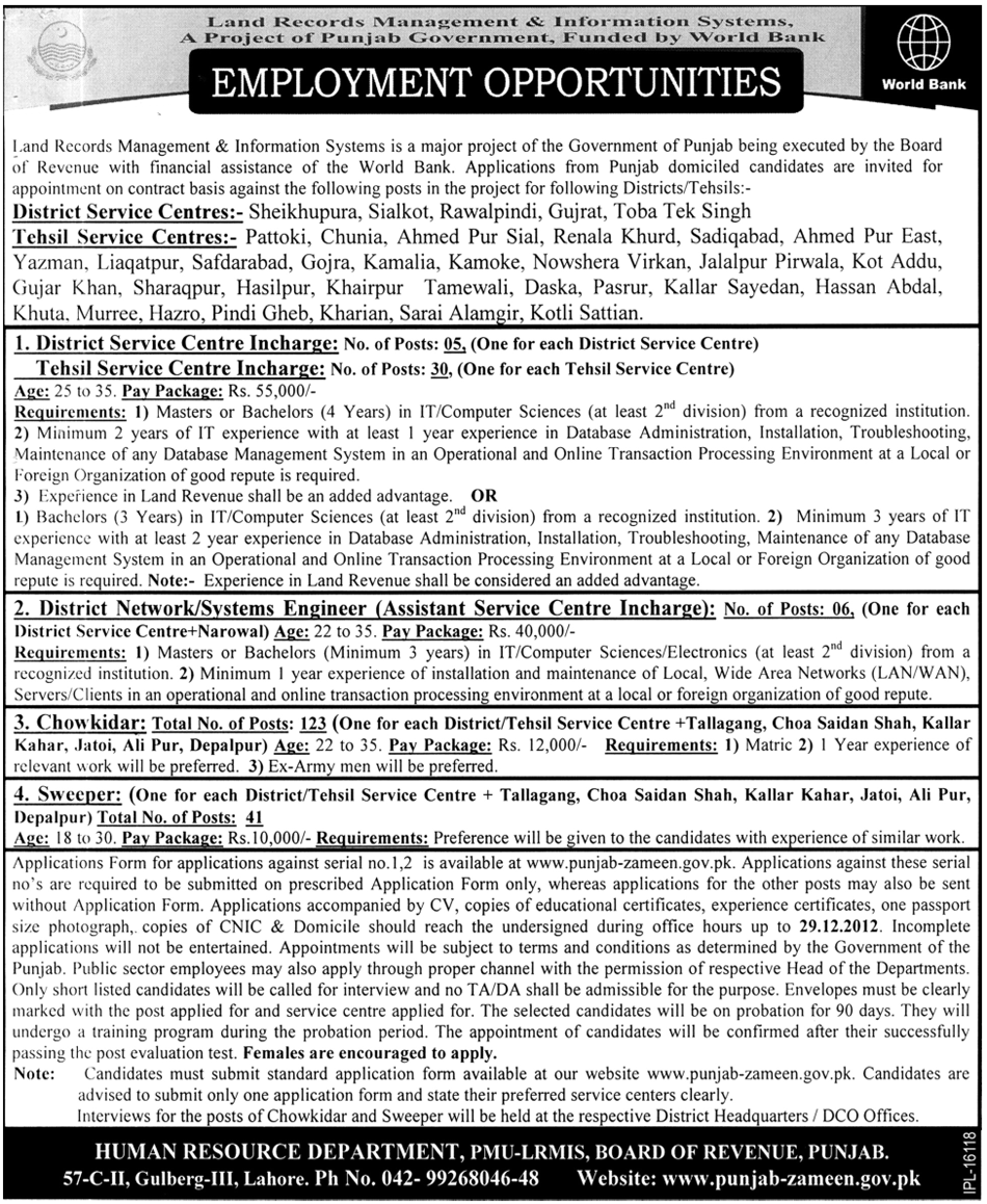 Land Records Management & Information Systems (LRMIS) Punjab Jobs 2012