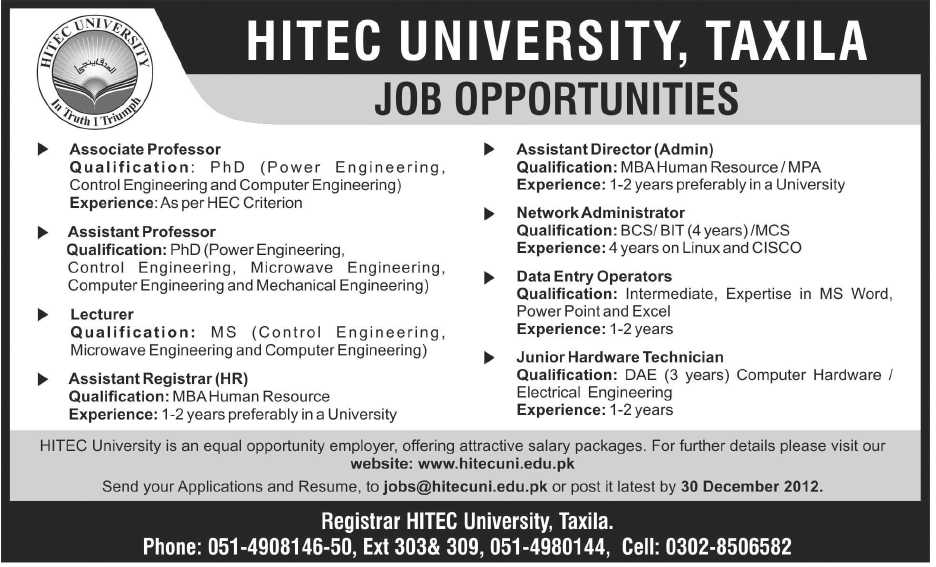 HITEC University Taxila Jobs 2012 for Faculty & Other Staff