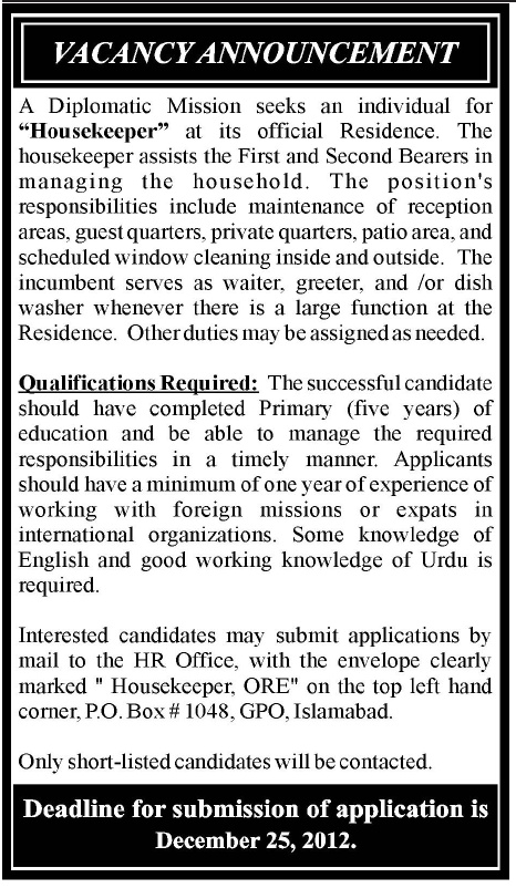 U.S. Embassy Islamabad Job 2012 for Housekeeper (PO Box 1048 GPO Islamabad)