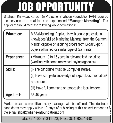 Shaheen Knitwear Karachi Job for Marketing Manager