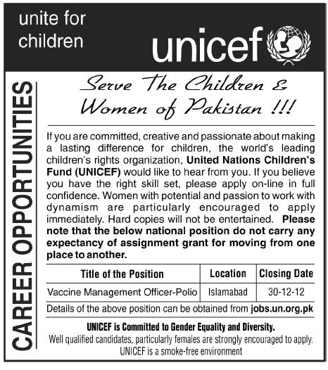 UNICEF Pakistan Job 2012 for Vaccine Management Officer Polio