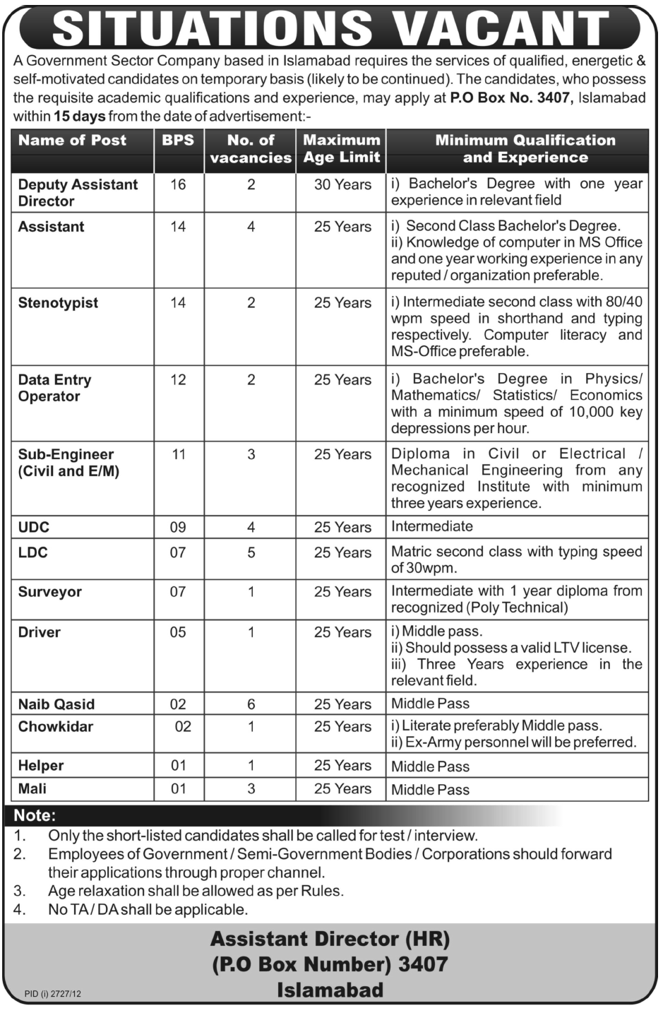 PO Box 3407 GPO Islamabad Jobs 2012