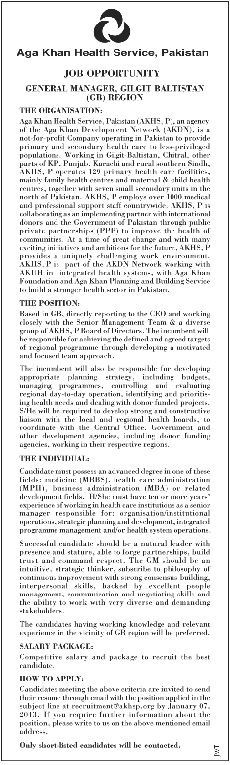 Aga Khan Health Service (AKHS) Pakistan Needs General Manager for Gilgit-Baltistan Region