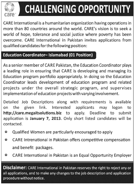 CARE International in Pakistan INGO Job 2012 for Education Coordinator