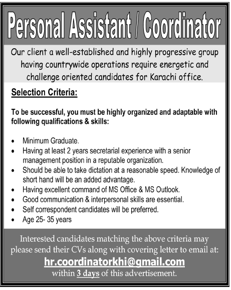 Personal Assistant / Coordinator Job in Karachi
