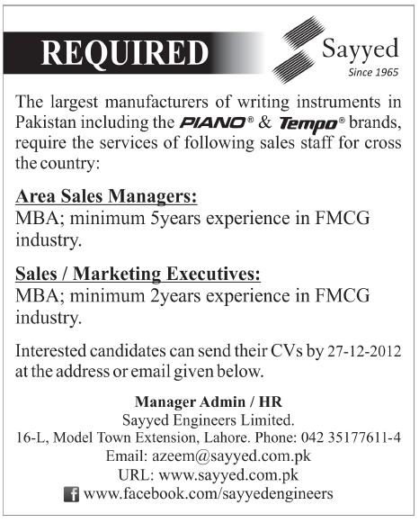 Sayyed Engineers Limited (Manufacturer of PIANO & Tempo Pens) Requires Area Sales Managers & Sales / Marketing Executives