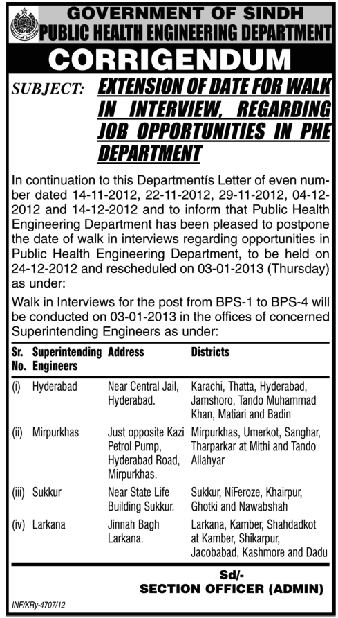 Extension of Date for Walk in Interviews at Public Health Engineering Department Sindh