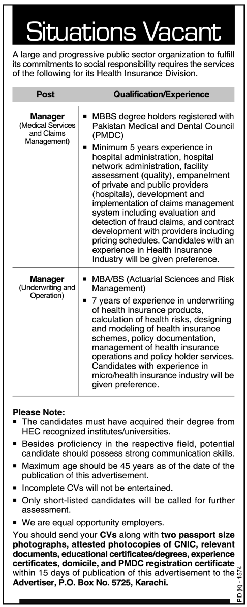 State Life Insurance Corporation of Pakistan Jobs 2012-2013 for Managers (PO Box 5725 Karachi)