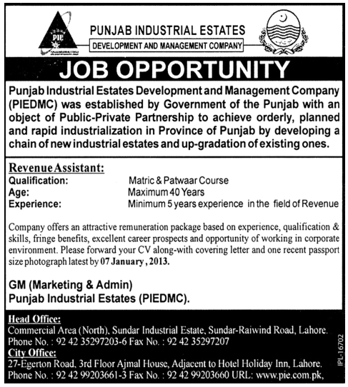 Punjab Industrial Estates Development & Management Company Job for Revenue Assistant