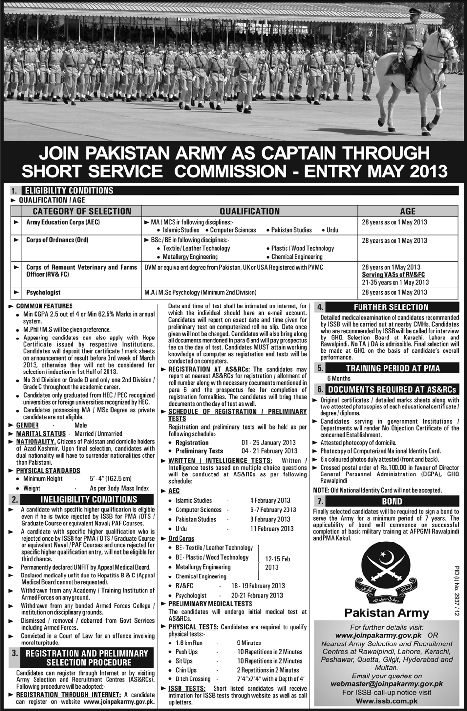 Join Pakistan Army as Captain Through Short Service Commission Entry May 2013