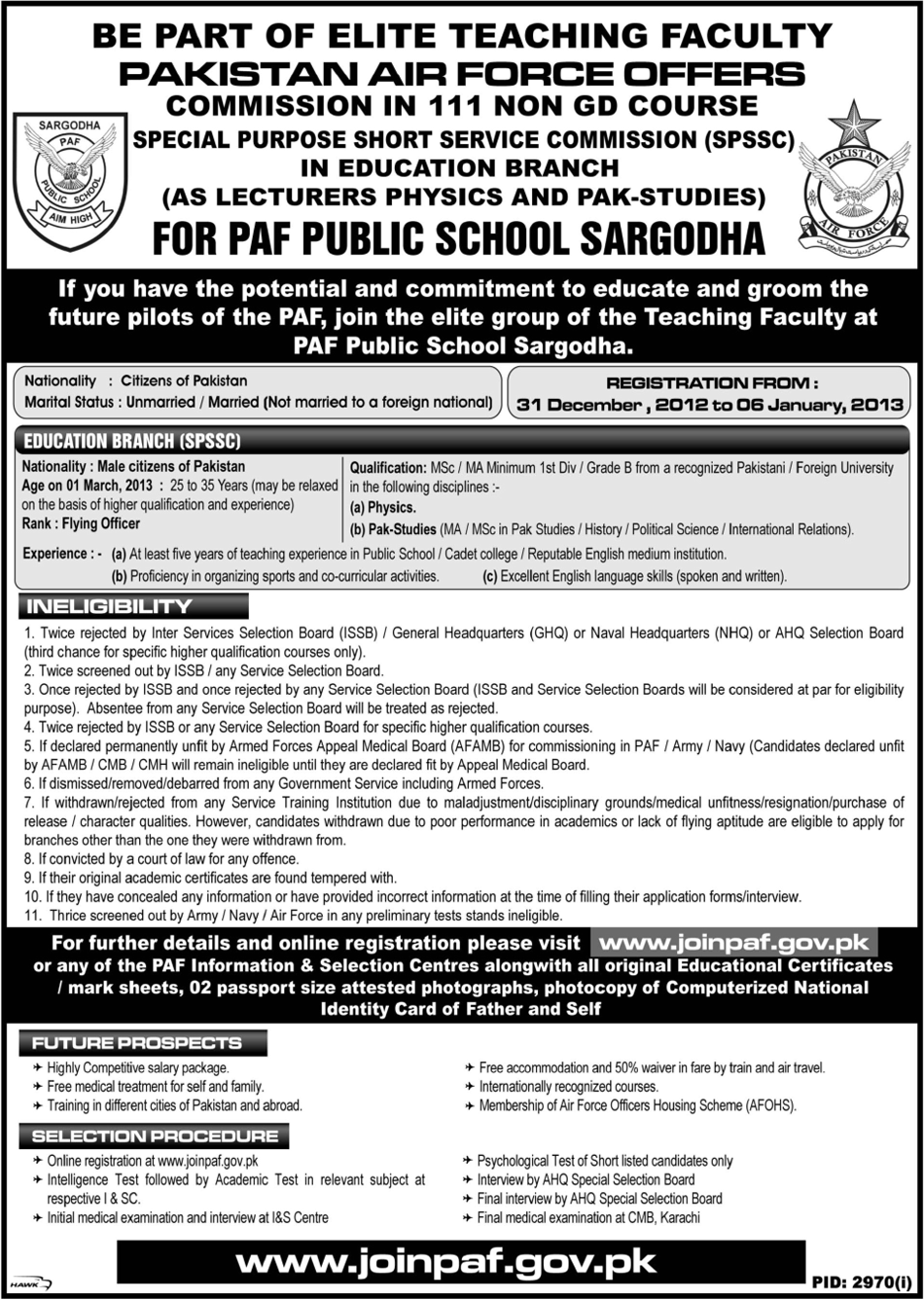 Join PAF as Lecturer 2013 SPSSC in Education Branch Commission in 111 Non GD Course