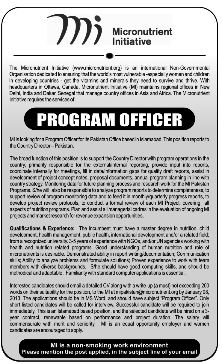 Micronutrient Initiative (INGO) Job 2013 for Program Officer