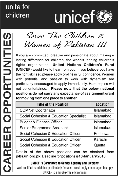 UNICEF Pakistan Jobs 2013 January Latest