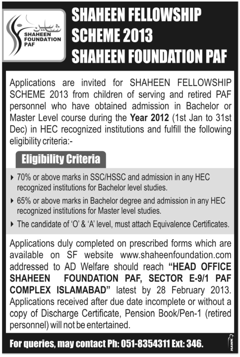 Shaheen Foundation Scholarship 2013 Form - PAF Shaheen Fellowship Scheme (SFS)