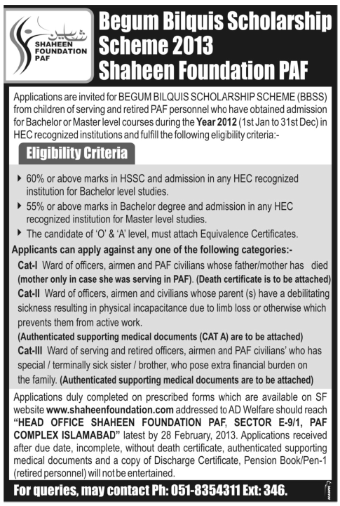 Shaheen Foundation Scholarship 2013 Form - Begum Bilquis Scholarship Scheme (BBSS)