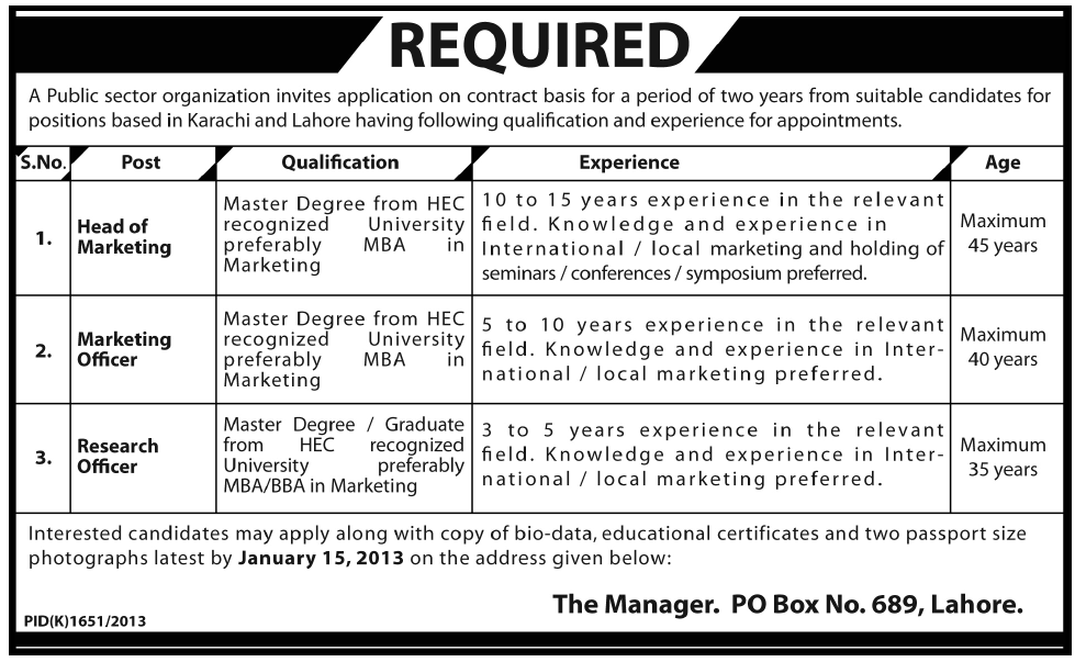 PO Box 689 Lahore Jobs Public Sector Organization in Lahore & Karachi