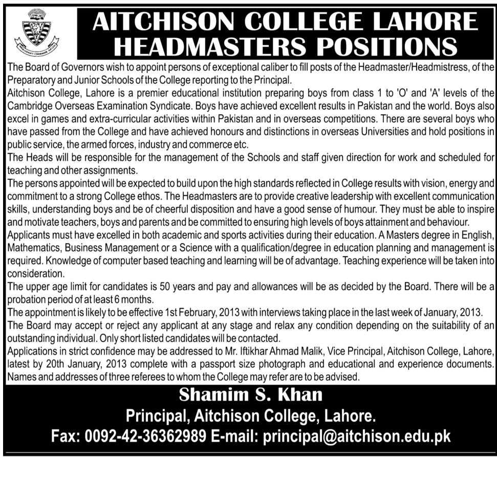 Headmaster / Headmistress Vacancies at Aitchison College Lahore