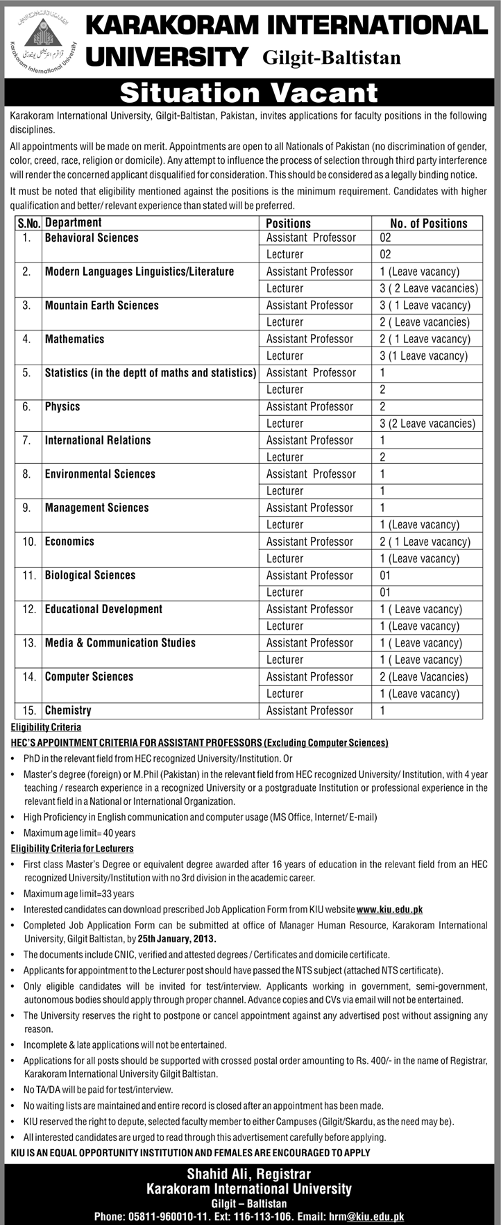 KIU Gilgit-Baltistan Jobs for Assistant Professors & Lecturers