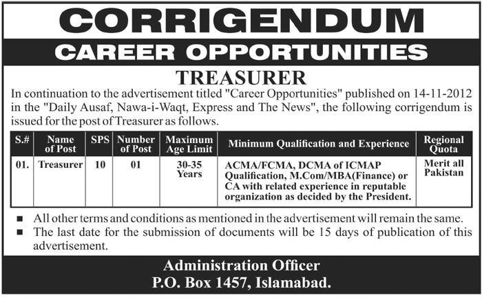 Corrigendum: Treasurer Vacancy - PO Box 1457 Islamabad Jobs