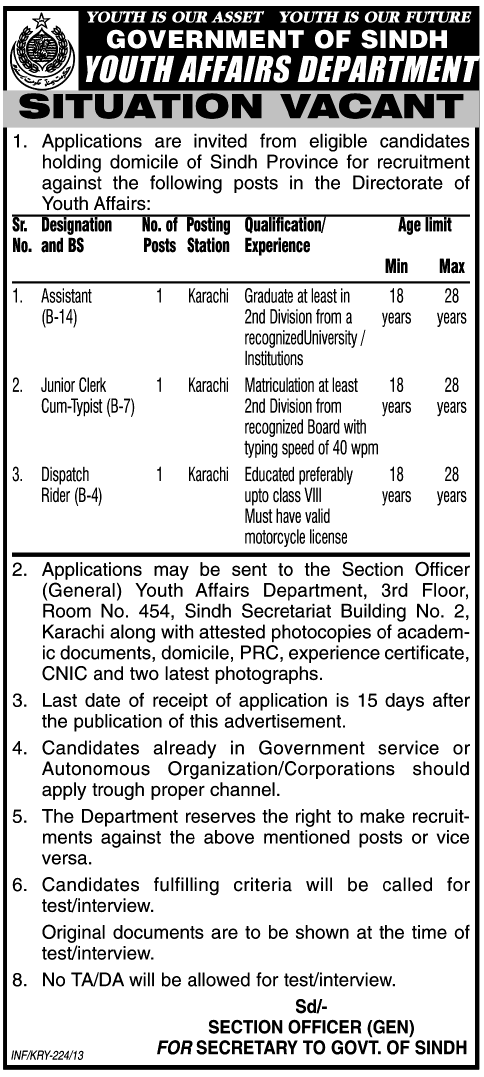Youth Affairs Department Sindh Jobs 2013 for Assistant, Junior Clerk & Dispatch Rider