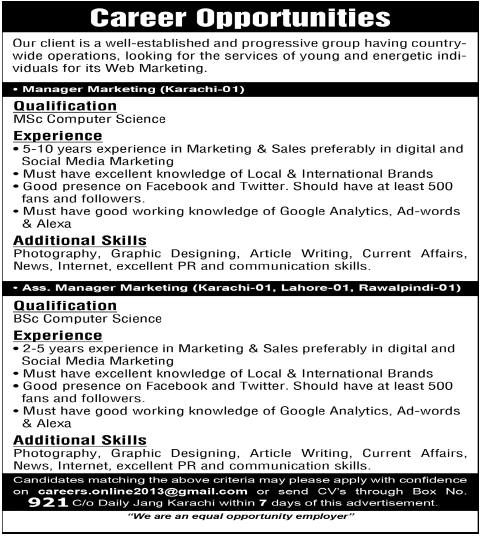 Manager Marketing & Assistant Manager Marketing Jobs
