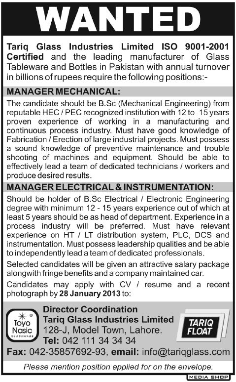 Tariq Glass Industries Limited Needs Manager Mechanical and Manager Electrical & Instrumentation
