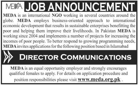 MEDA Pakistan Job 2013 for Director Communications