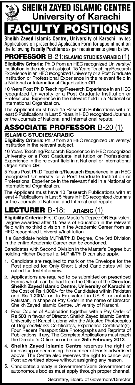 Sheikh Zayed Islamic Centre, University of Karachi Jobs 2013 for Islamic Studies & Arabic Faculty