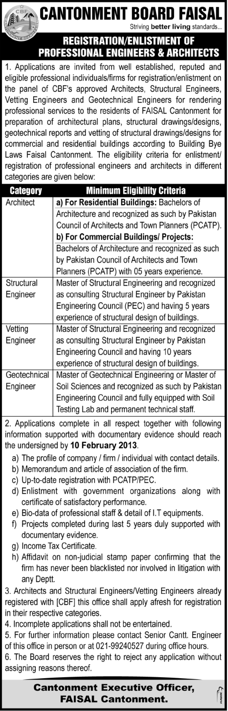 Architects & Structural/Vetting/Geotechnical Engineers Registration/Enlistment with Cantonment Board Faisal
