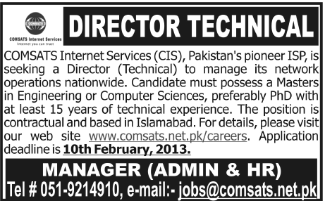 Director Technical Job at COMSATS Internet Services (CIS)