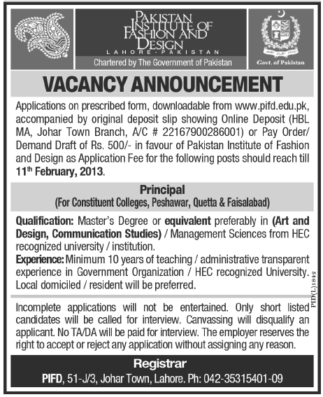 Pakistan Institute of Fashion & Design Needs Principals