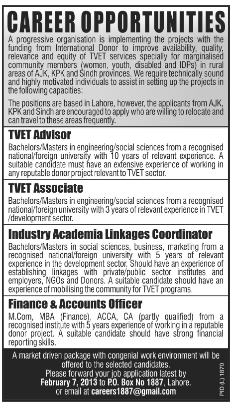 International Donors Funded Project P.O. Box No. 1887, Lahore Jobs 2013