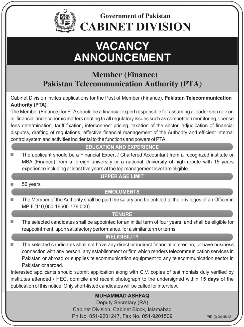 Cabinet Division Needs Member Finance for PTA at Islamabad
