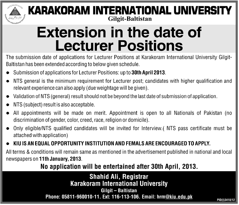 Extension in Application Date for Lecturer Jobs at KIU Gilgit Baltistan (Addendum)