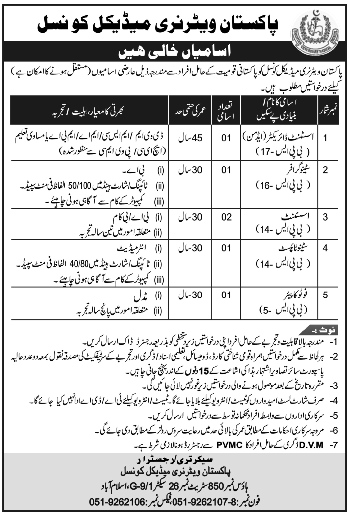 Pakistan Veterinary Medical Council Jobs 2013 in Islamabad