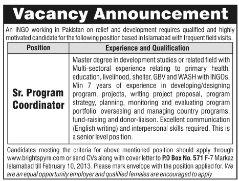 PO Box 571 Islamabad Job 2013 in an INGO for Senior Program Coordinator