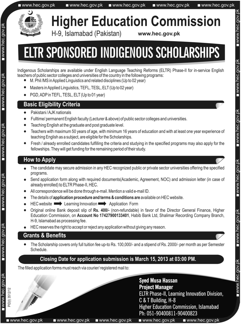 HEC Scholarships 2013 under English Language Teaching Reforms (ELTR) Phase-II