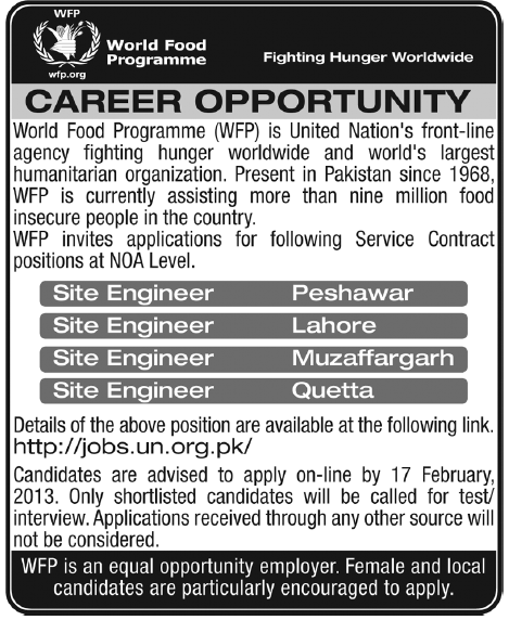 World Food Programme Pakistan Jobs 2013 for Site Engineers