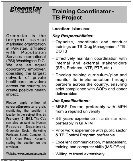 Greenstar Social Marketing Job 2013 Training Coordinator for TB Project